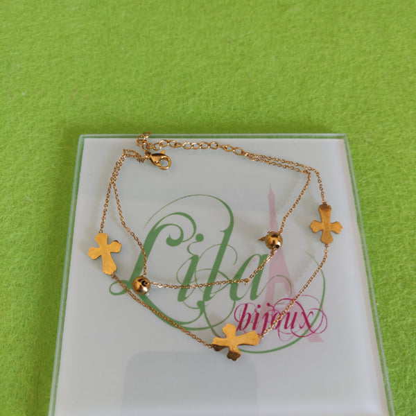 Tobillera dorada doble cruces